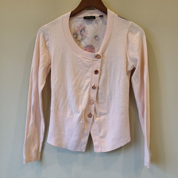 Ted Baker Sweaters - Ted Baker Womens Floral Knit Cardigan Sweater Pink Size 1 Asymmetrical Designer